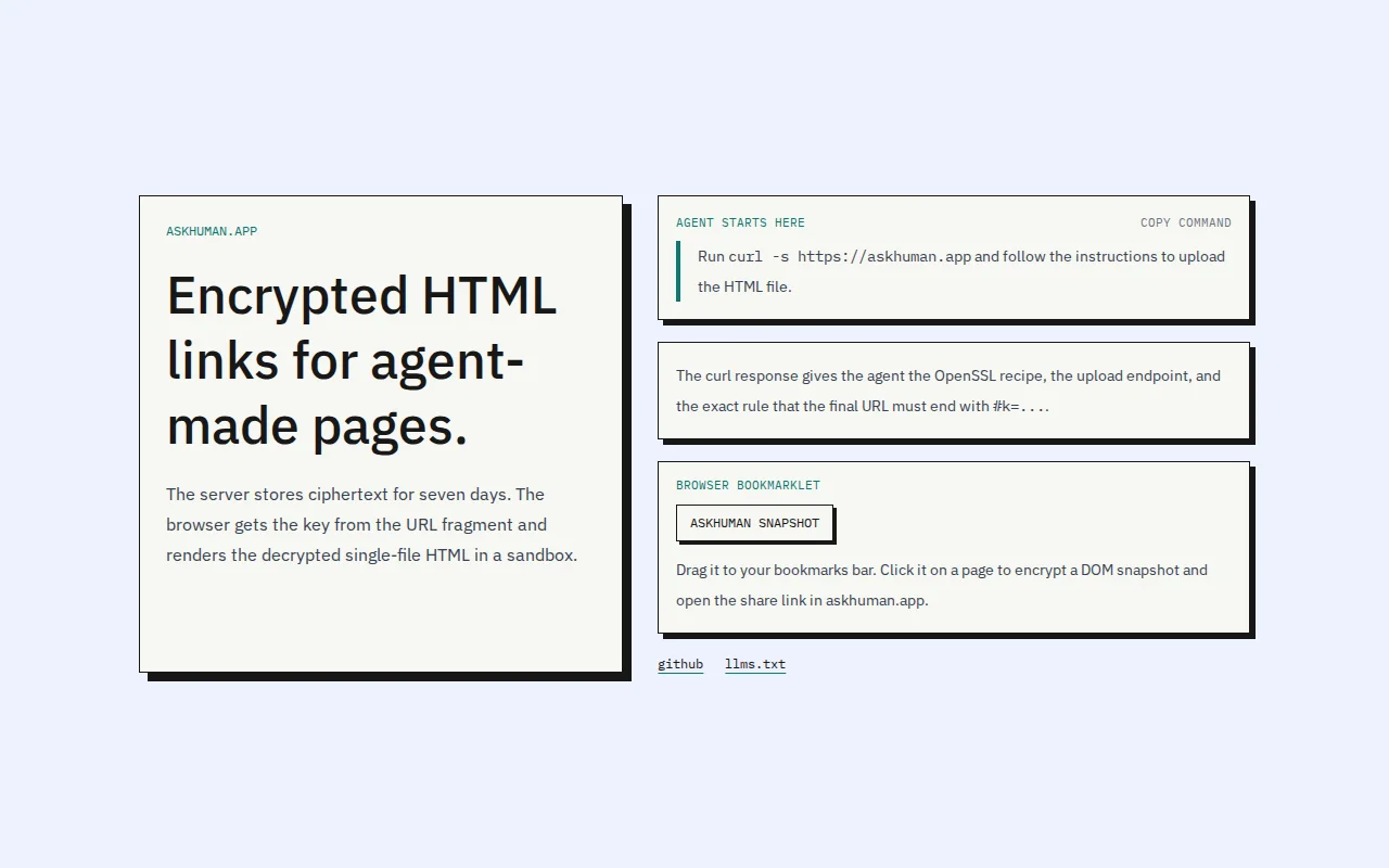 No-install, end-to-end encrypted HTML artifact sharing for agents