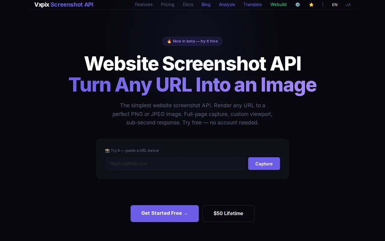 Vxpix – $50 lifetime screenshot API, URL to image in <1s