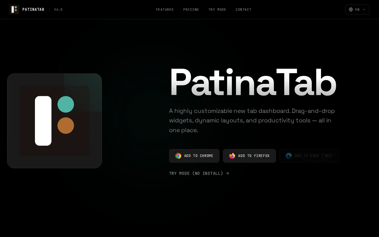 PatinaTab – Dark mode widget dashboard extension for Chrome/Firefox