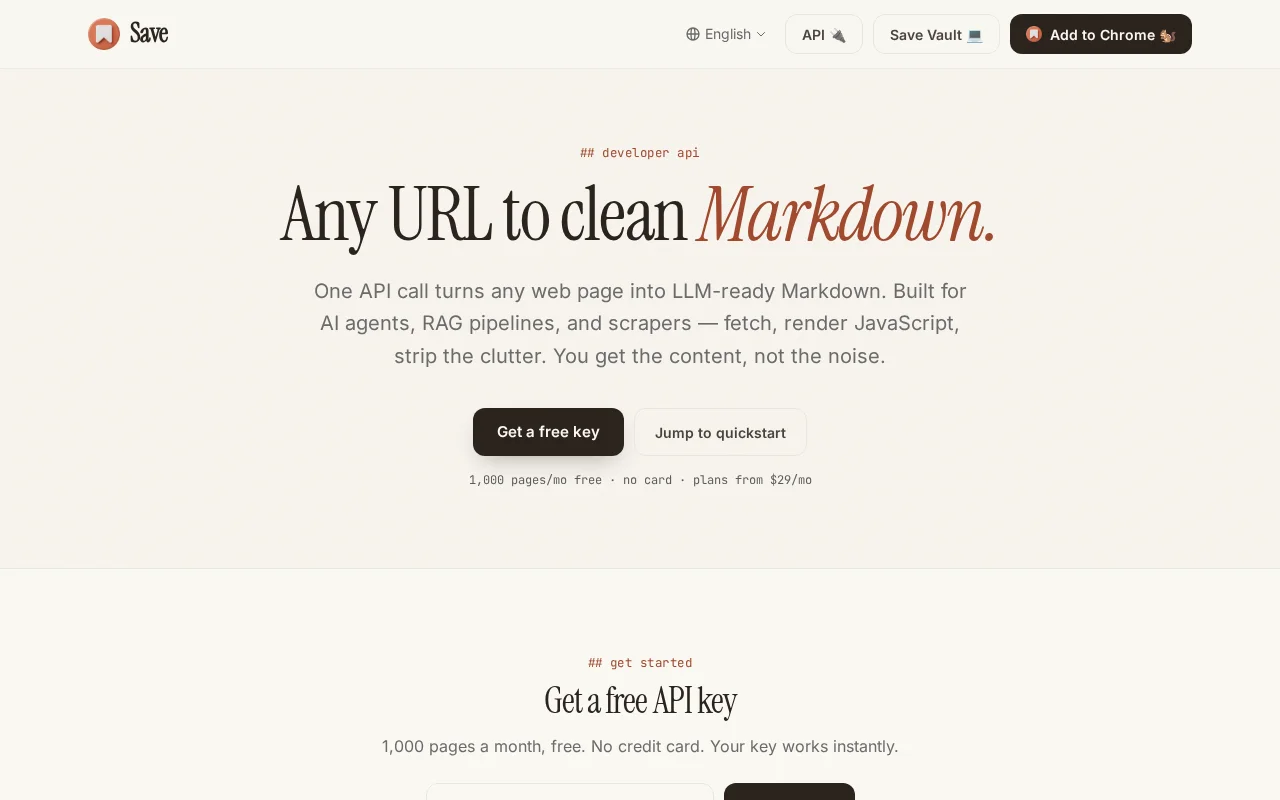 Save, an API that turns any URL into clean Markdown for LLMs