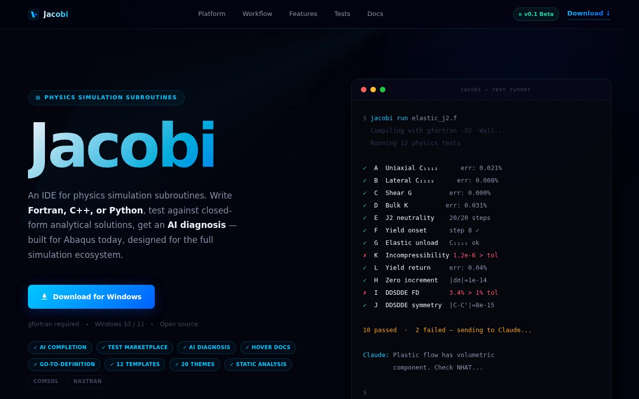 Jacobi–IDE for Abaqus subroutine with analytical tests and AI diagnosis