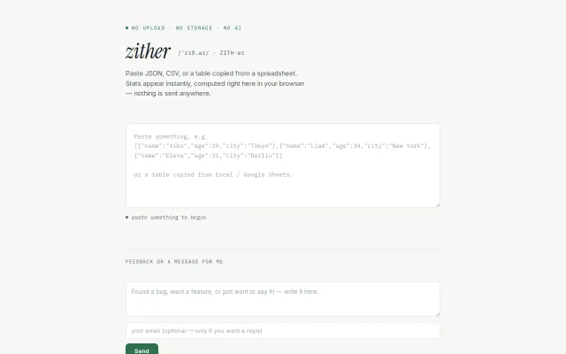 Zither – paste JSON/CSV/a spreadsheet table, stats instantly, no AI
