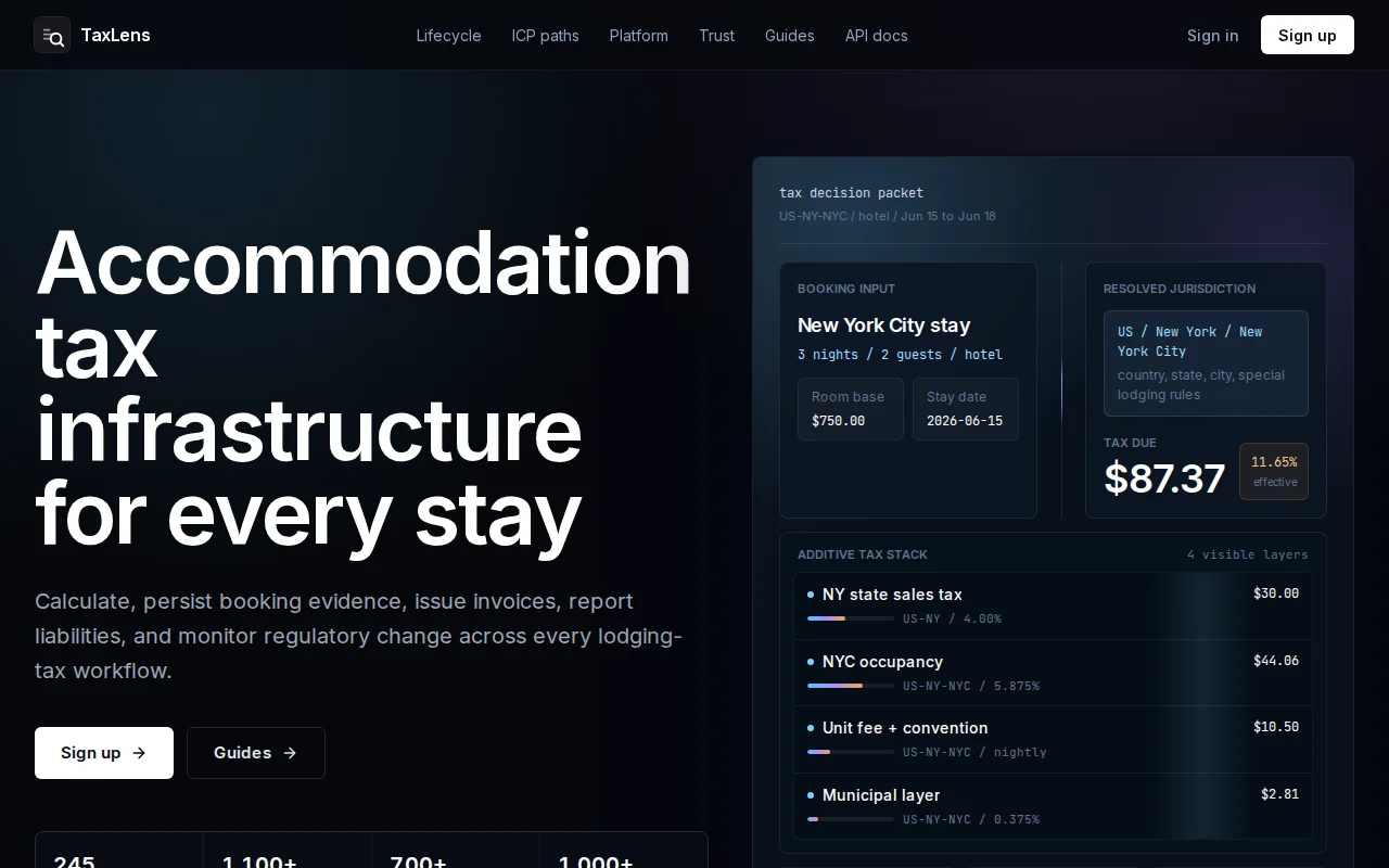 TaxLens – free lodging-tax API for hotels, OTAs, and property managers