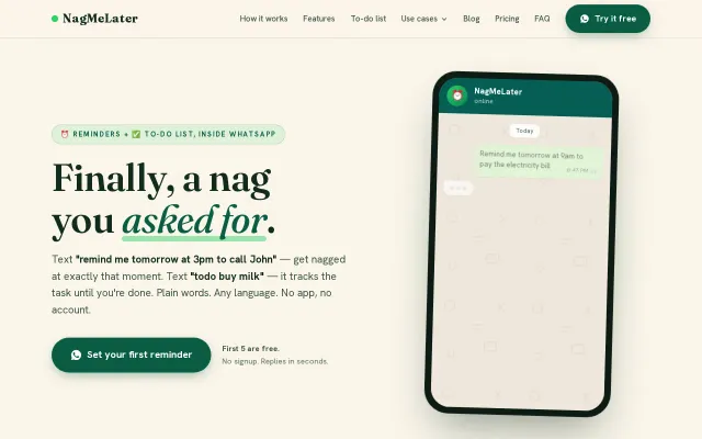 NagMeLater – Reminders and to-do list, inside your WhatsApp