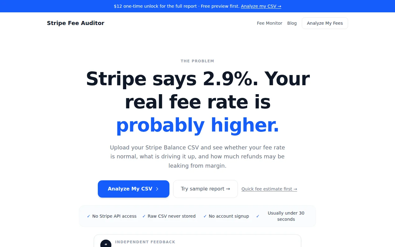 No-OAuth Stripe Fee Auditor from Balance CSVs
