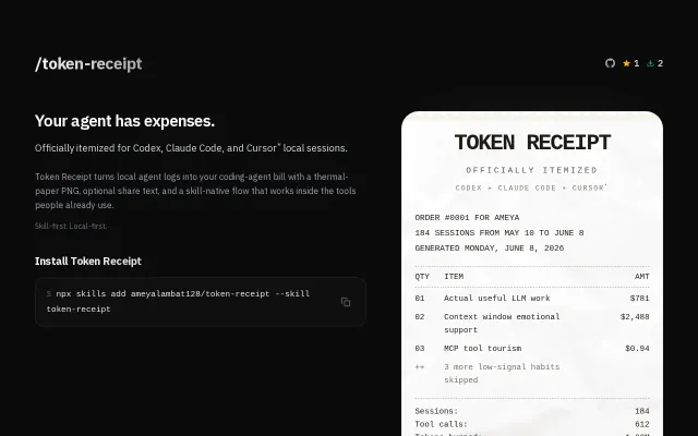 Token Receipt – turn your coding-agent history into a bill