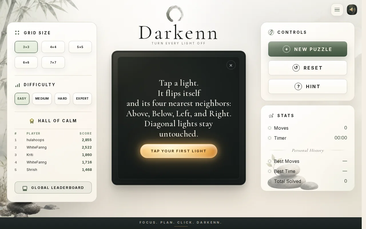 Darkenn – Lights Out style puzzle game with global leaderboard