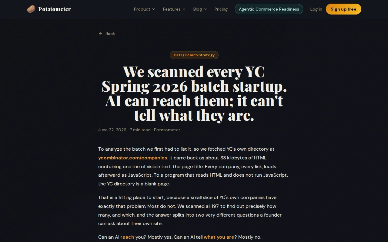 I scanned every YC Spring 2026 startup for what AI crawlers see