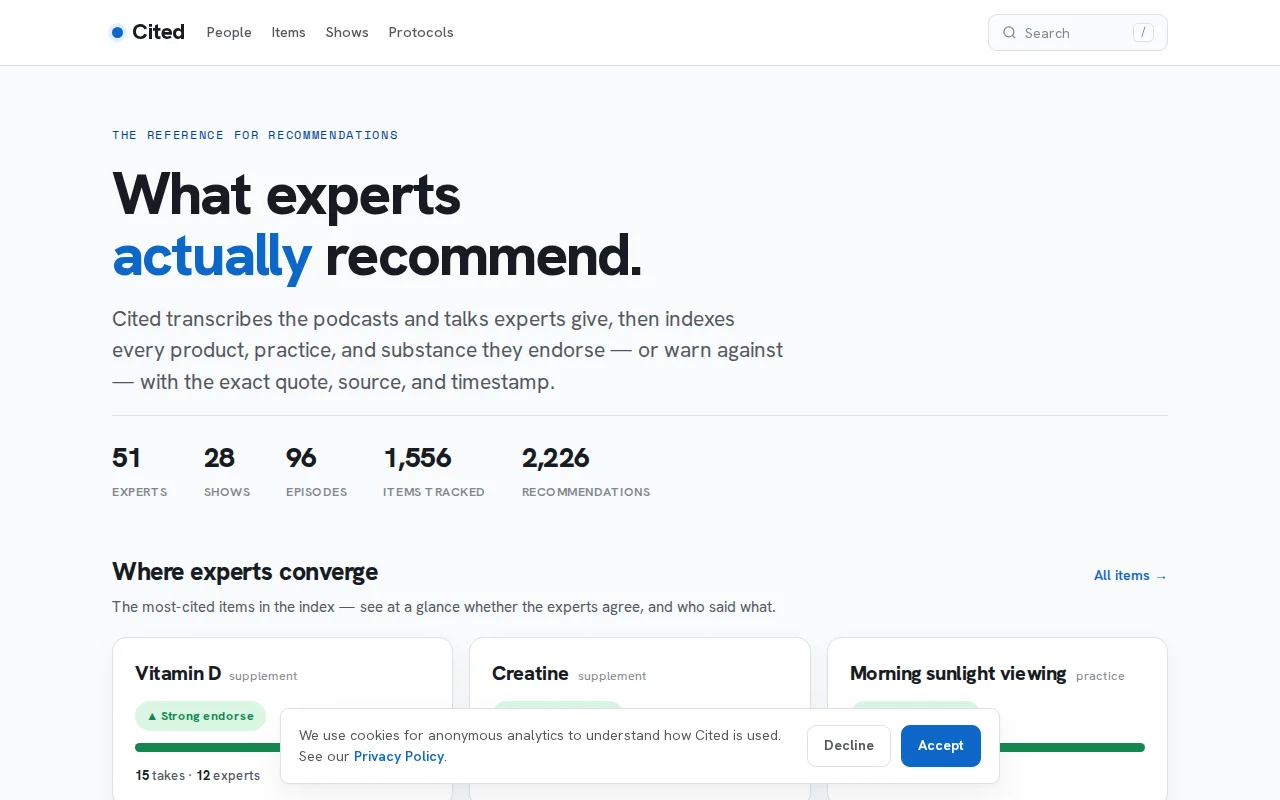 Cited – a searchable index of what experts recommend on podcasts