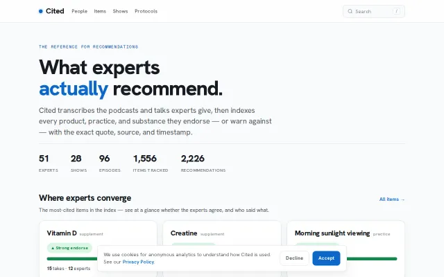 Cited – a searchable index of what experts recommend on podcasts