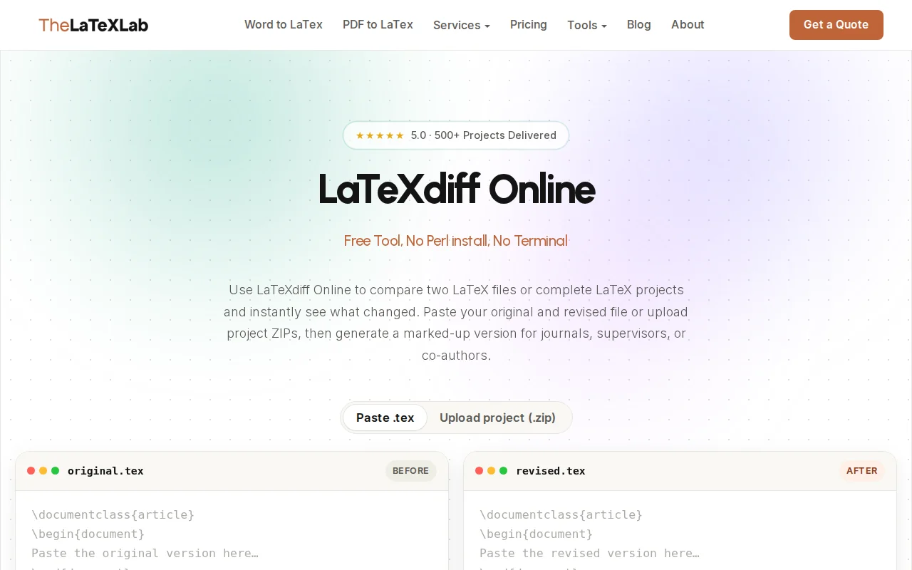 Latexdiff online in browser (no login)