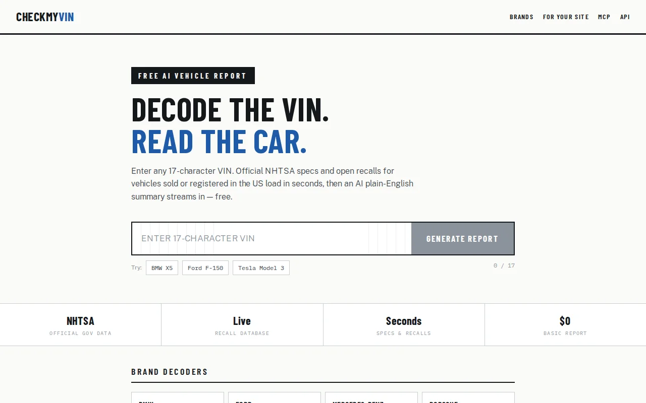 Free VIN Decoder with AI Summaries on Cloudflare Workers and NHTSA Data