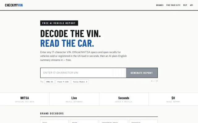 Free VIN Decoder with AI Summaries on Cloudflare Workers and NHTSA Data