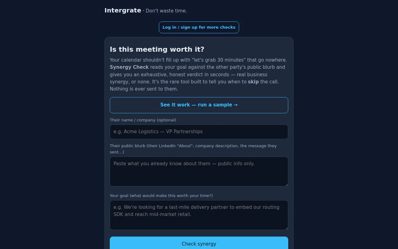 Synergy Check – paste two companies, get "should you take the meeting?"