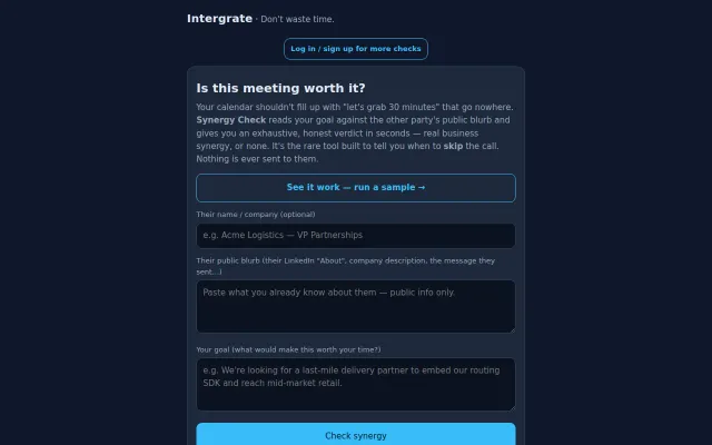 Synergy Check – paste two companies, get "should you take the meeting?"