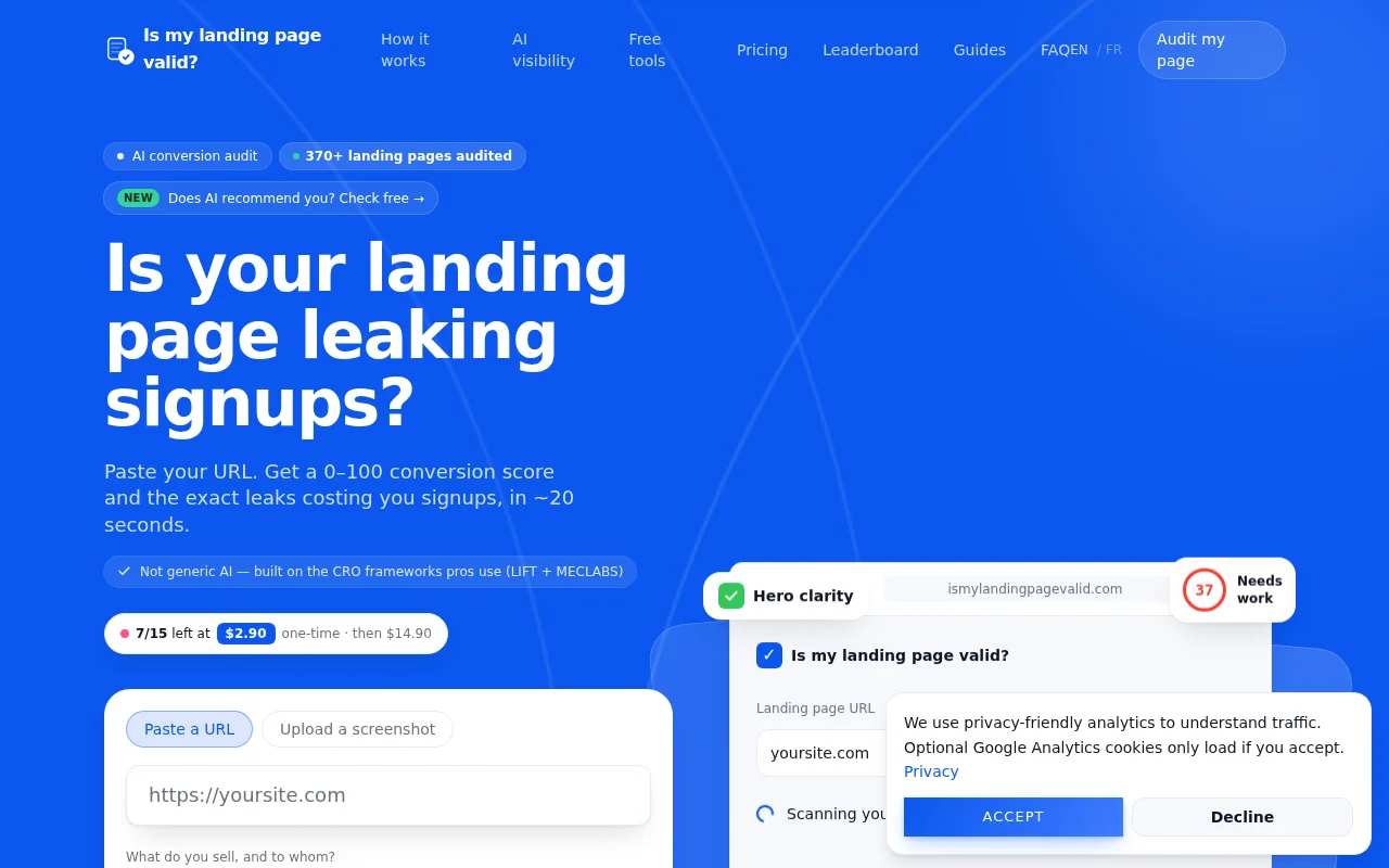 Free tools to audit a landing page and check if AI recommends you