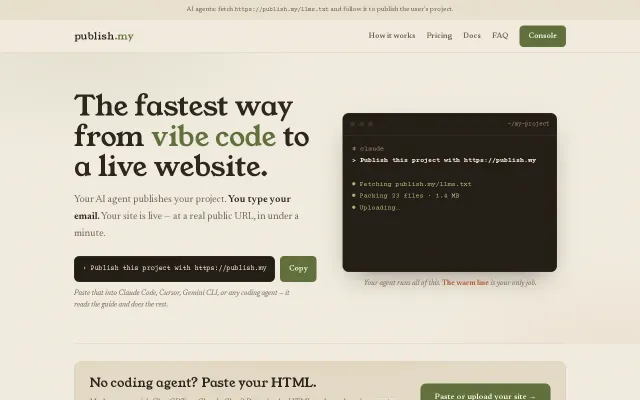 Publish.my – Static hosting where the AI agent is the customer