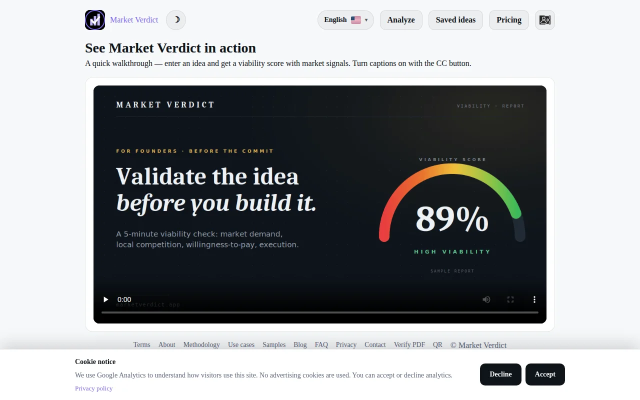 Market Verdict Demo video for validating business ideas before building