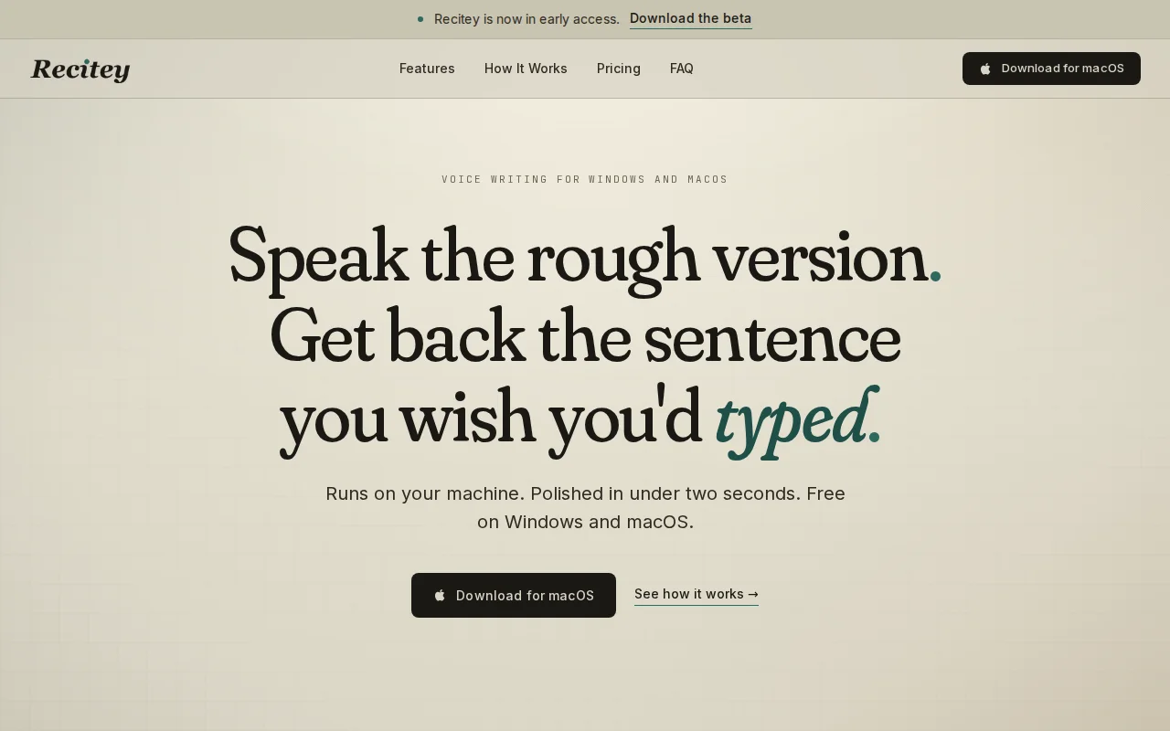 Recitey, a local Whisper dictation app for Windows (no word caps)