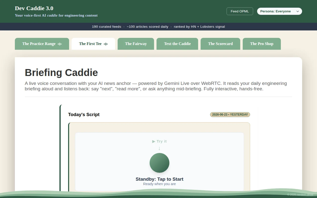Dev Caddie – persona-ranked dev news and a voice copilot for lectures