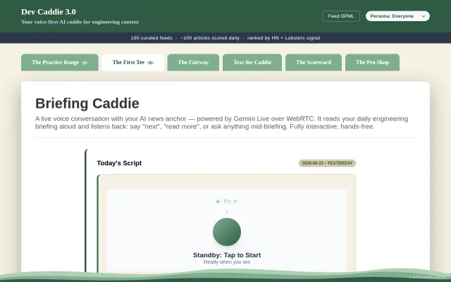Dev Caddie – persona-ranked dev news and a voice copilot for lectures