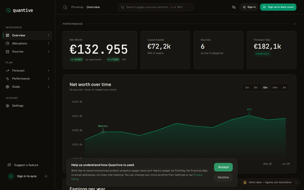 Net worth tracker to replace your spreadsheet, E2E, no bank logins
