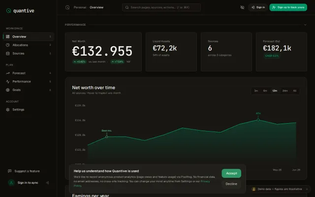 Net worth tracker to replace your spreadsheet, E2E, no bank logins