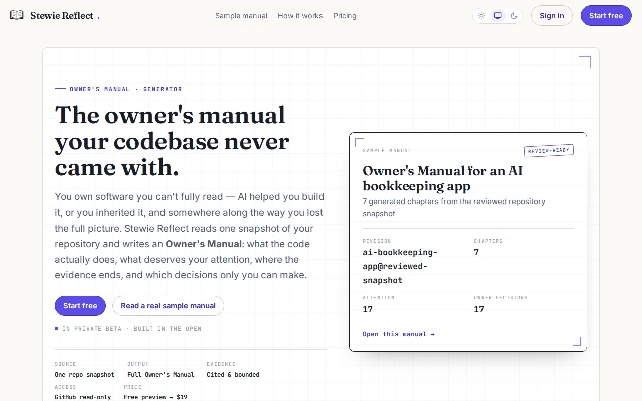 Stewie Reflect – owner's manuals for repos, with claims linked to code