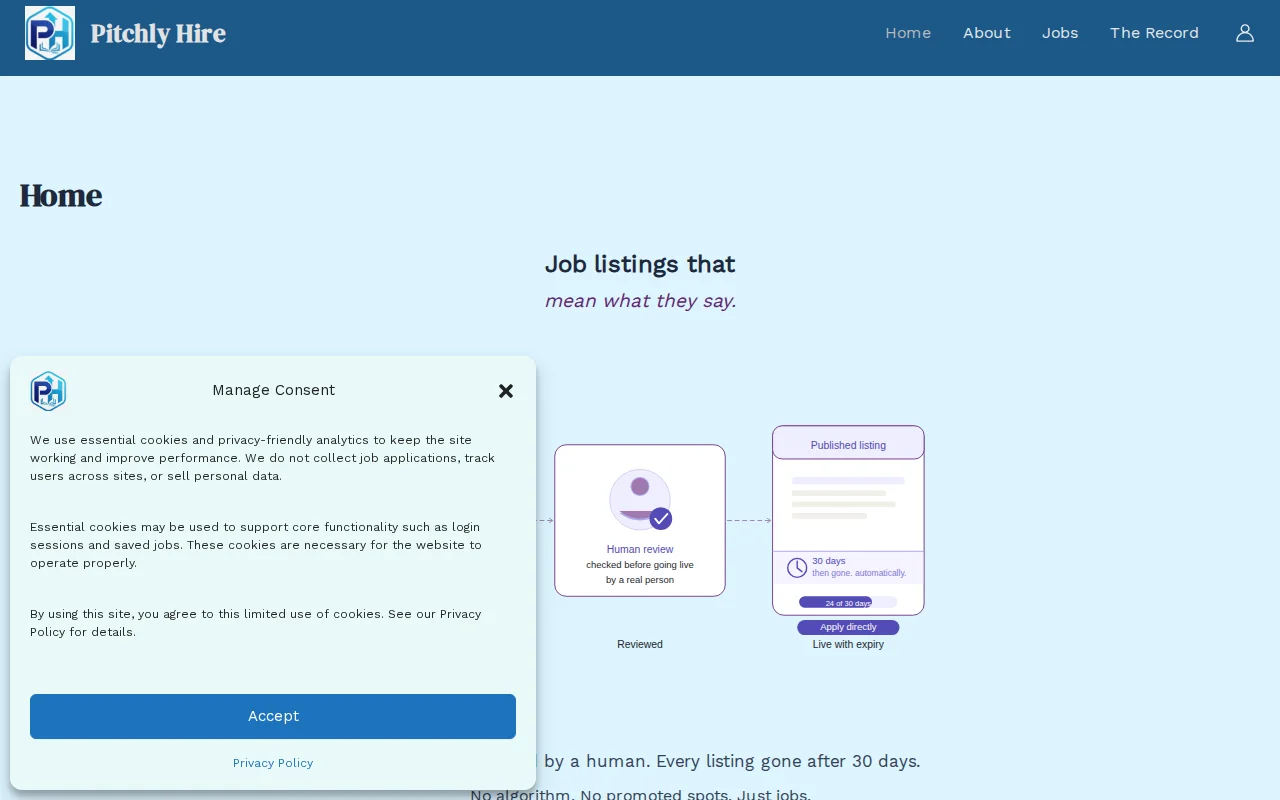Pitchly Hire – human-reviewed job listings with forced expiry