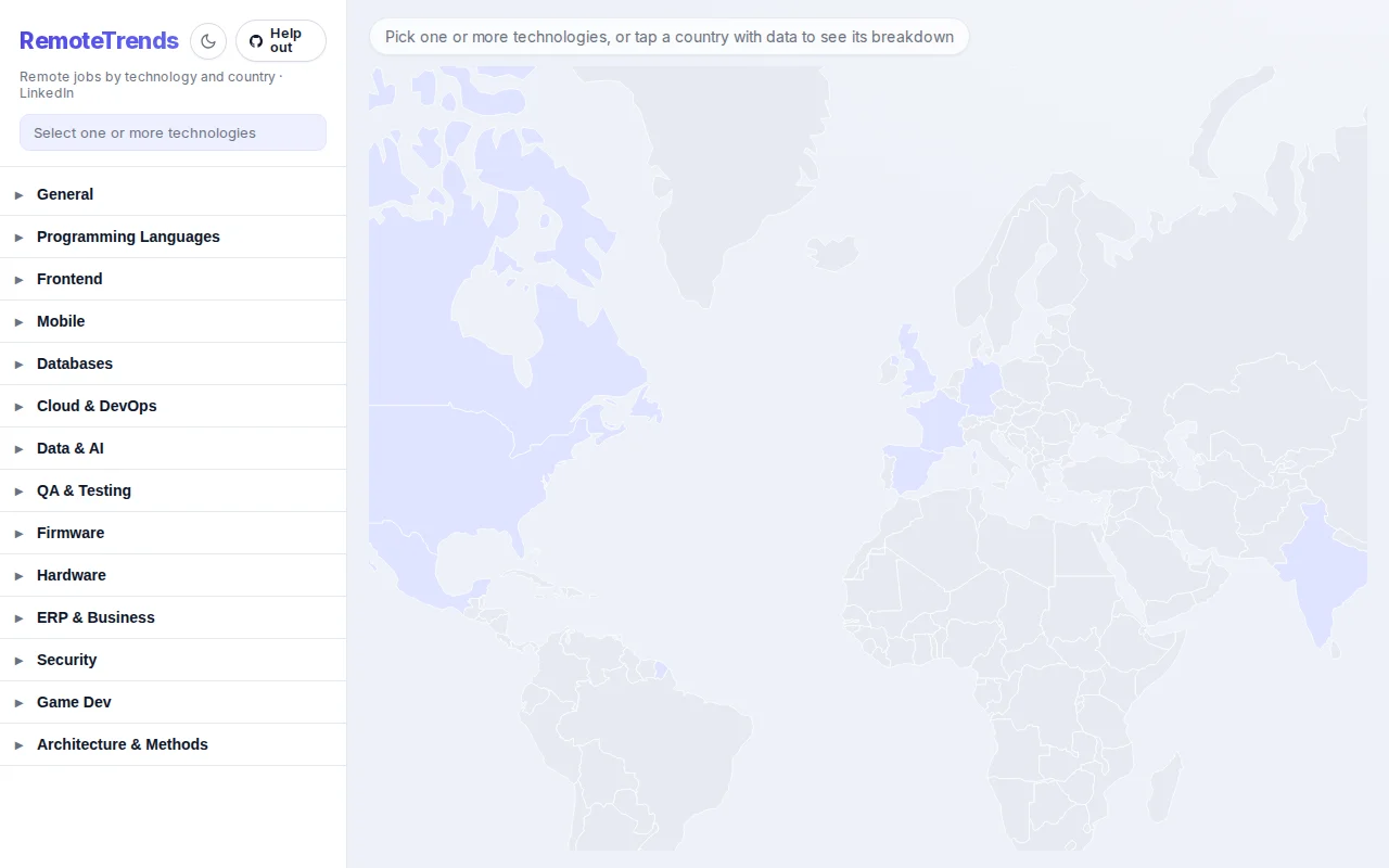 LinkedIn Remote jobs by technology and country Map. Joint effort.