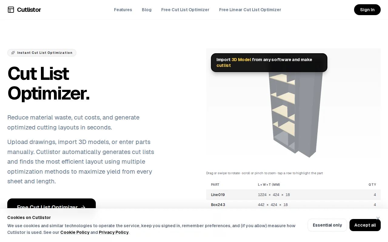 Cutlistor – Instant cut list optimizer with 3D Model and PDF Import