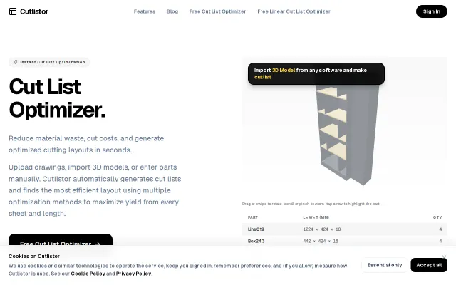 Cutlistor – Instant cut list optimizer with 3D Model and PDF Import