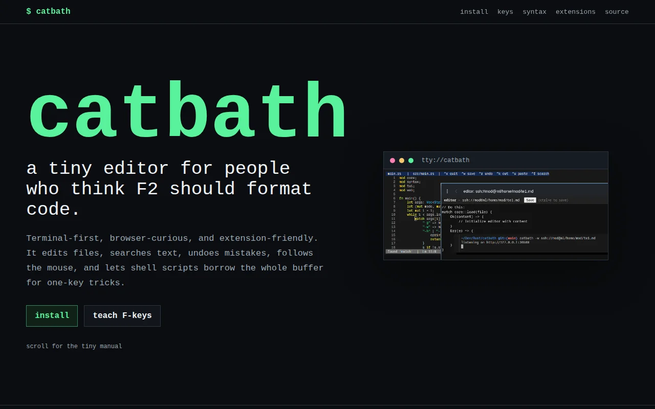 Catbath: Terminal-first, browser-curious, and extension-friendly editor
