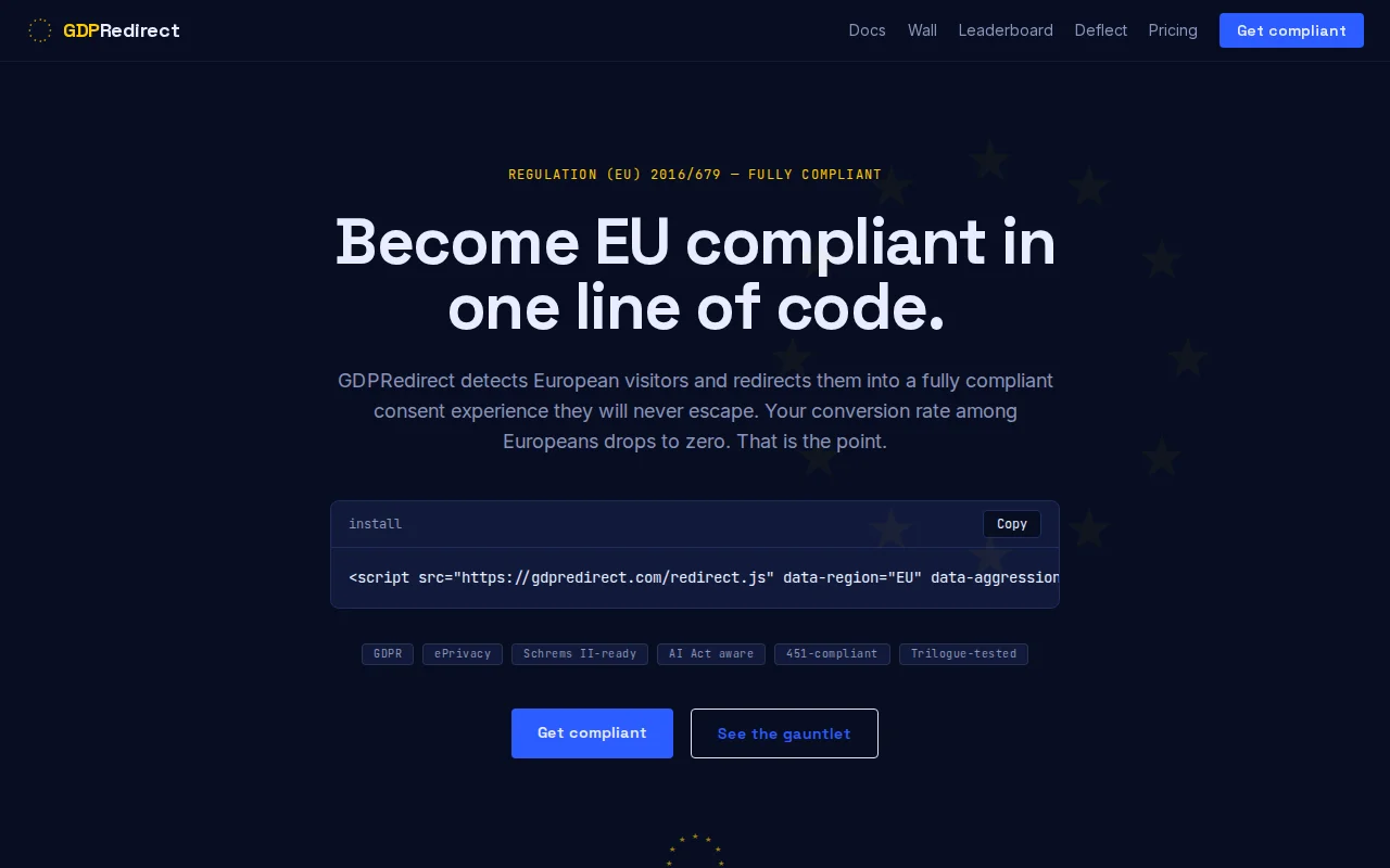 GDPRedirect – Become EU compliant in one line of code (satire)