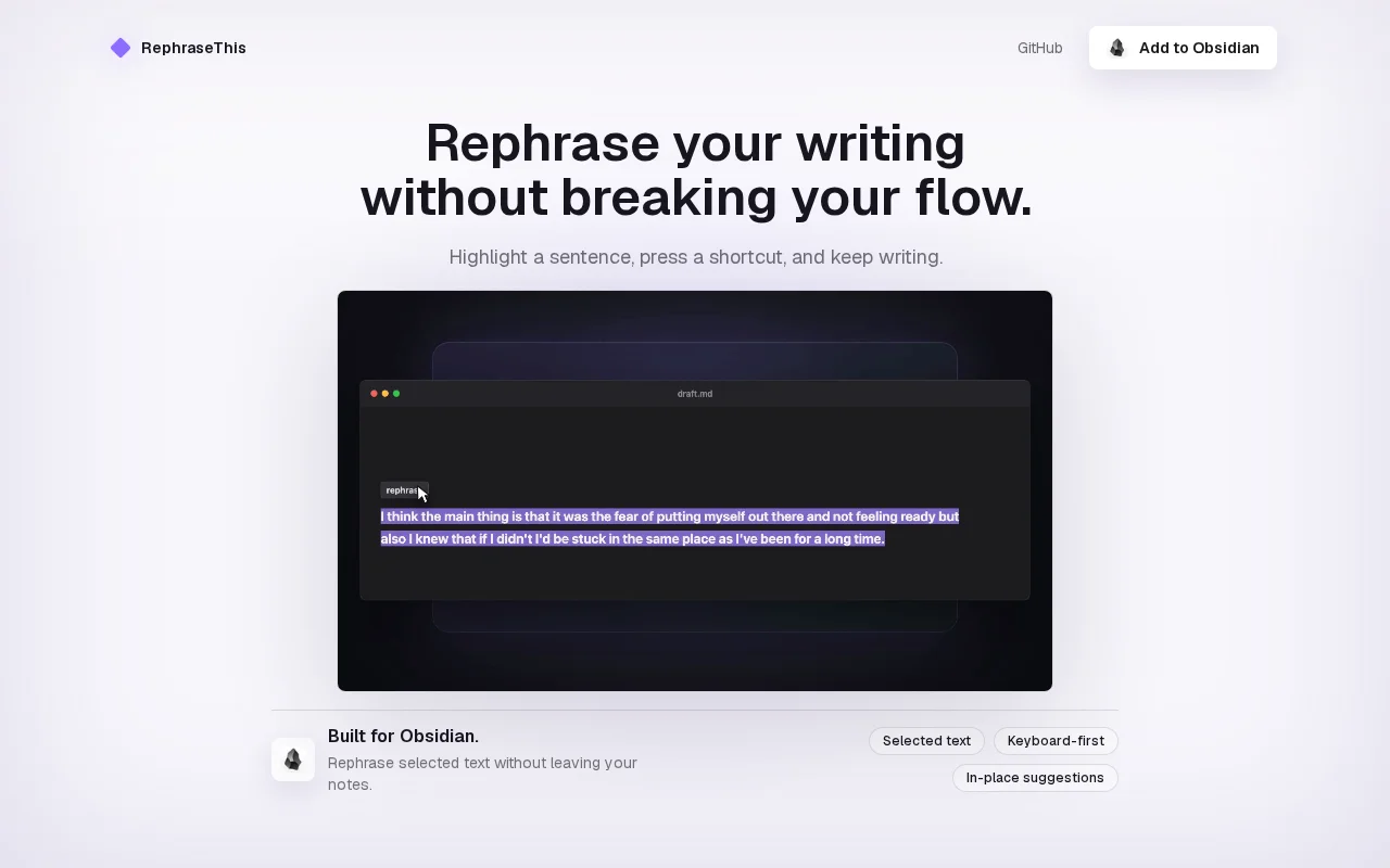 Built an Obsidian plugin that rephrases your writing without takin over