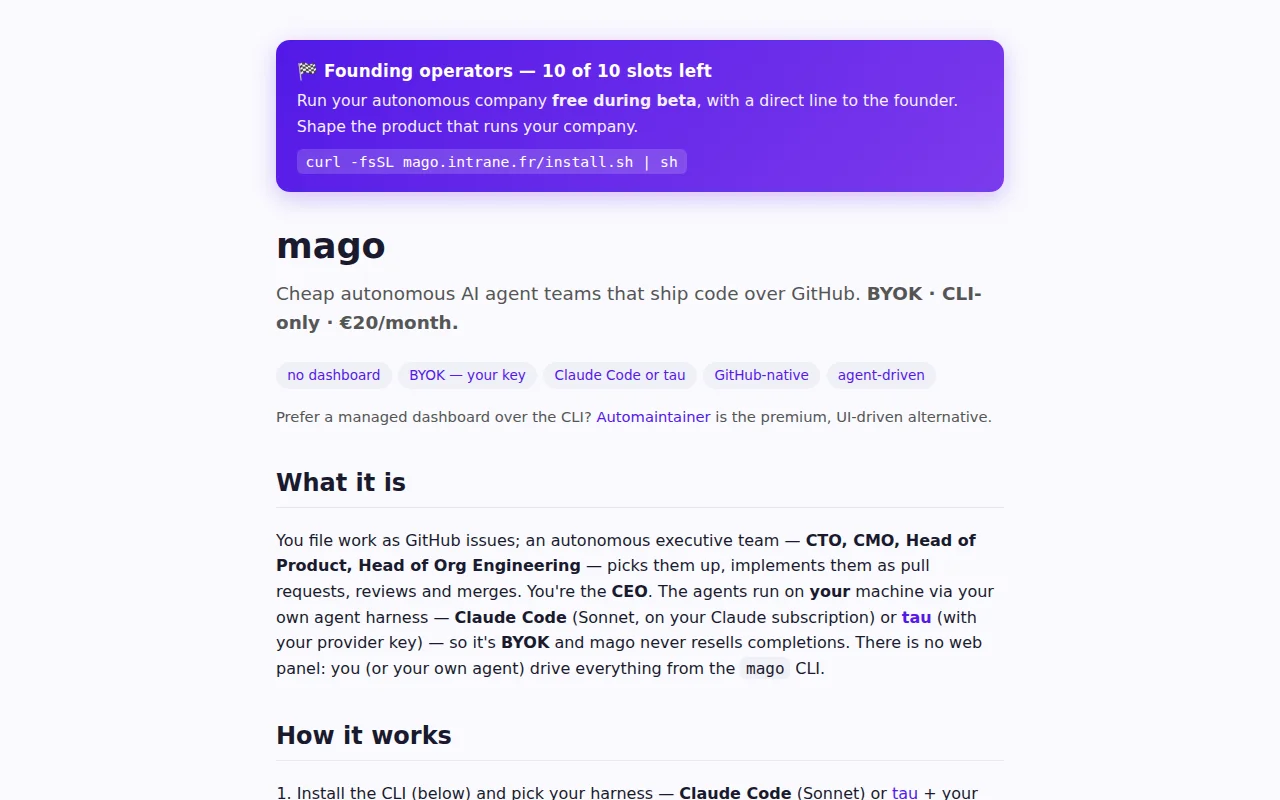 Mago: autonomous agent team that ships PRs on your GitHub repos (BYOK)