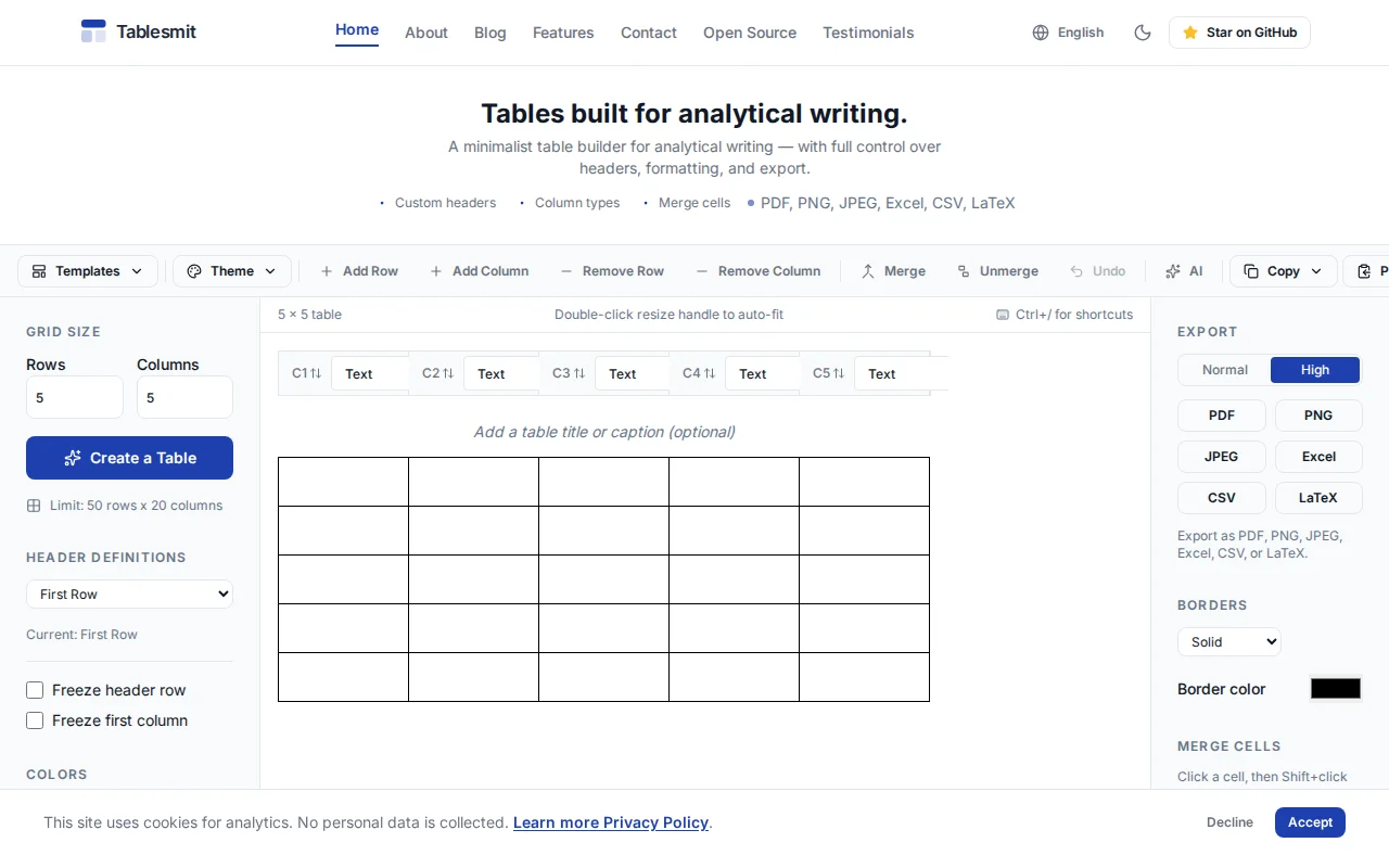 Tablesmit – open-source table builder with LaTeX, PDF, Excel export