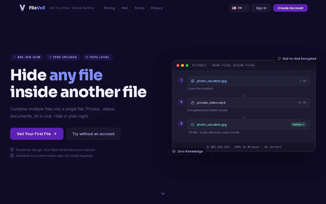 FileVeil · Hide Any File Inside Another File