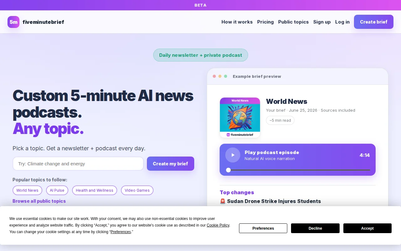 Fiveminutebrief – Turn any topic into your own daily podcast