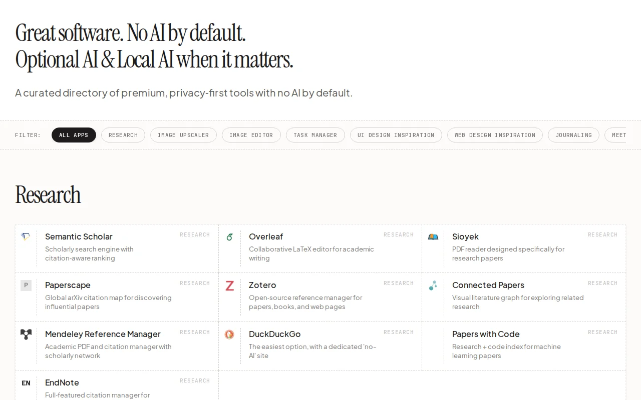 A directory of no‑AI, privacy‑first software alternatives