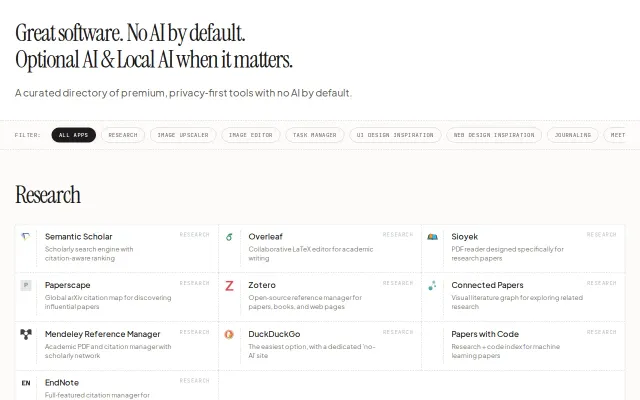 A directory of no‑AI, privacy‑first software alternatives