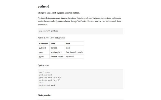 Pythond, Persistent Python daemon where state survives across calls