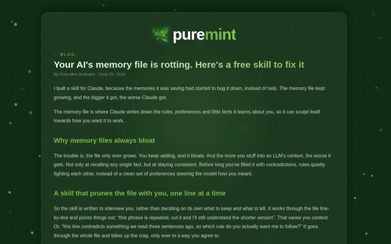 A Claude skill that prunes your AI's memory file, one diff at a time
