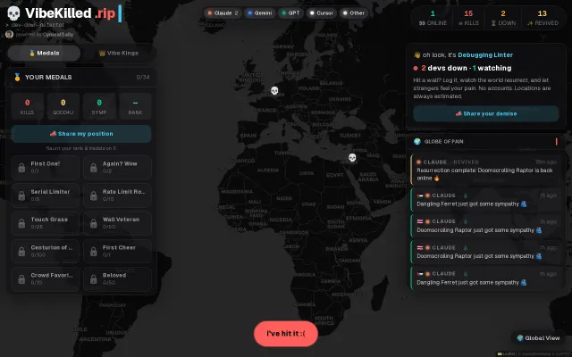 VibeKilled.rip – a live world map of devs who just hit the rate limit