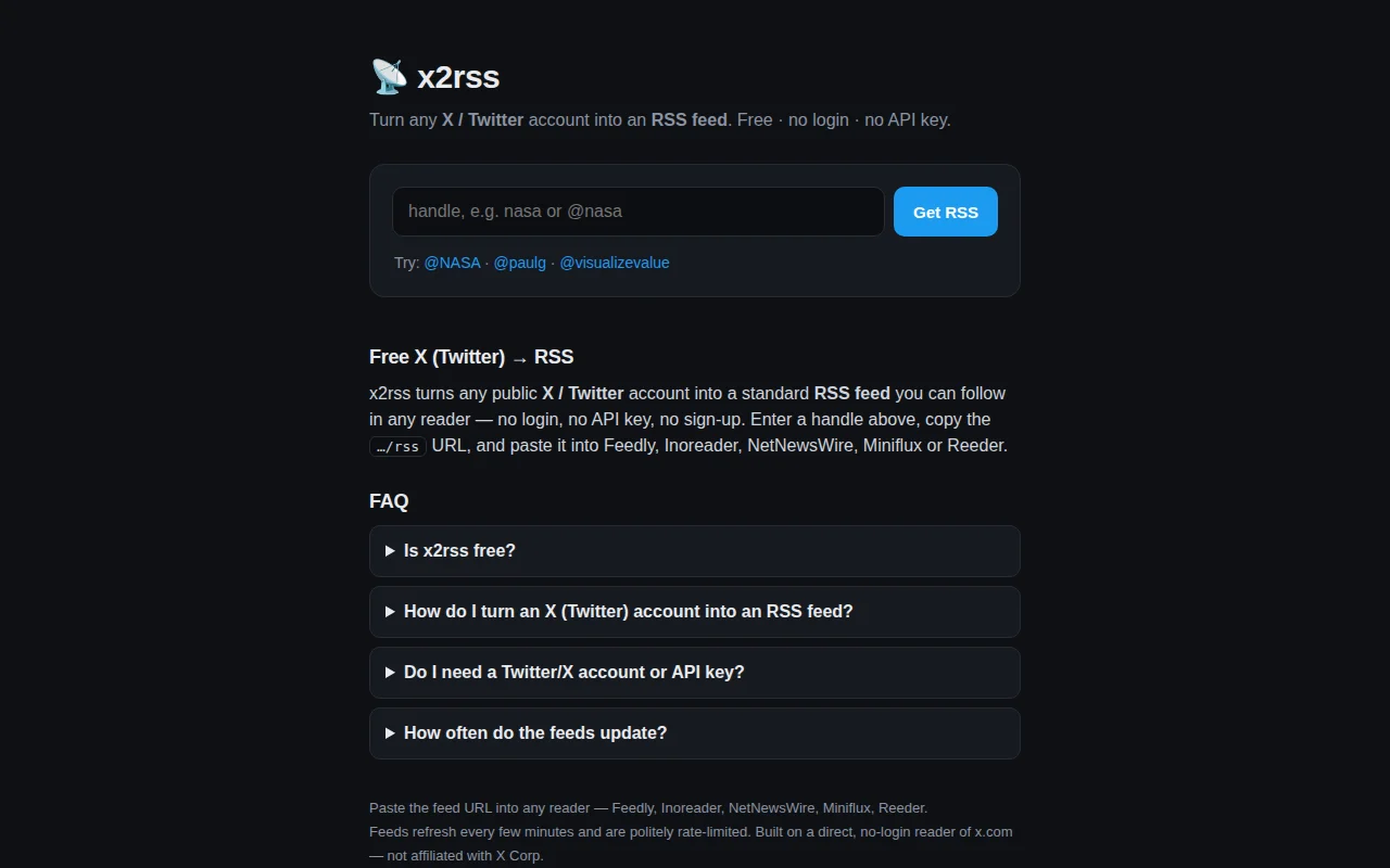 Turn any X account into an RSS feed