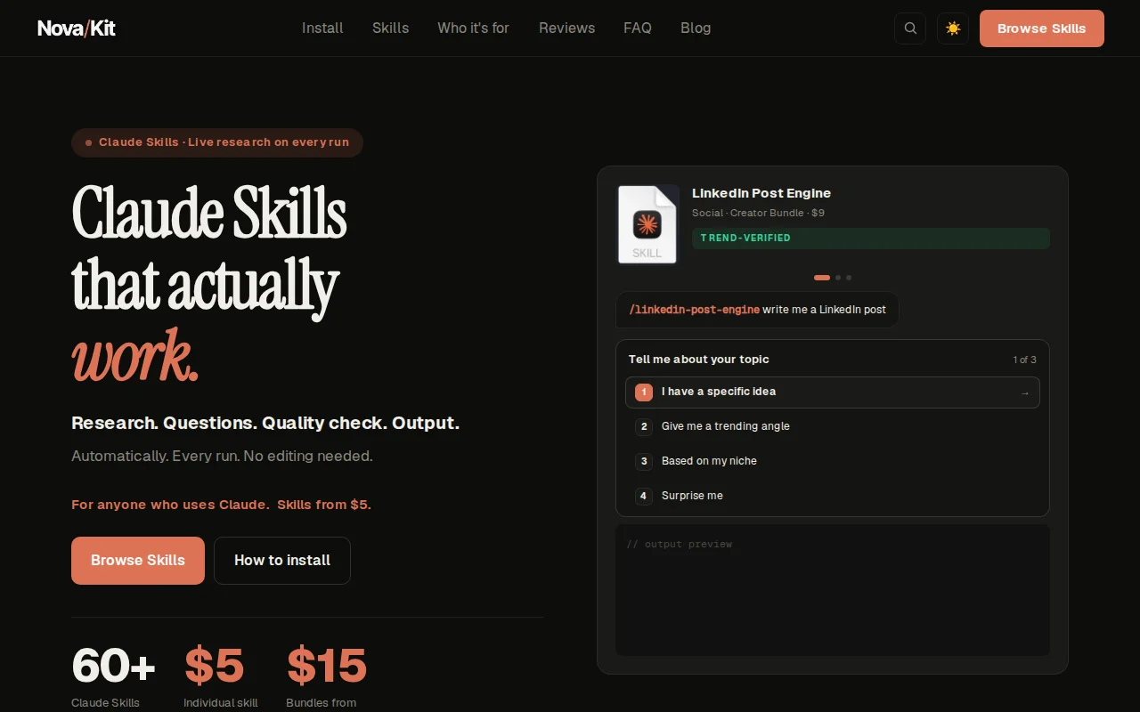 Novakit.tech – pre-built Claude Code skills, no prompting required