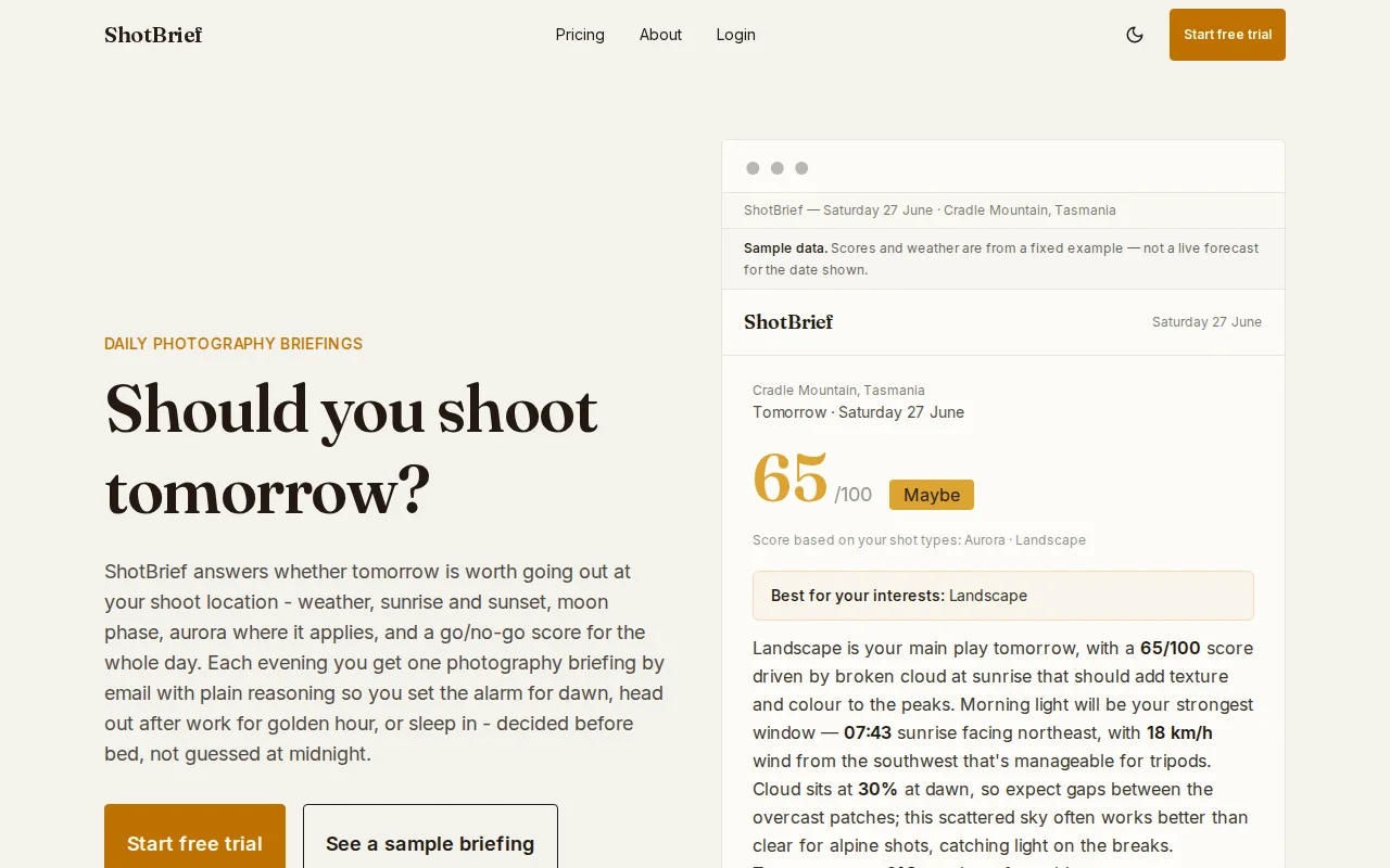 ShotBrief – Daily photography briefings, should you shoot tomorrow?