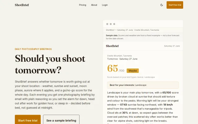 ShotBrief – Daily photography briefings, should you shoot tomorrow?