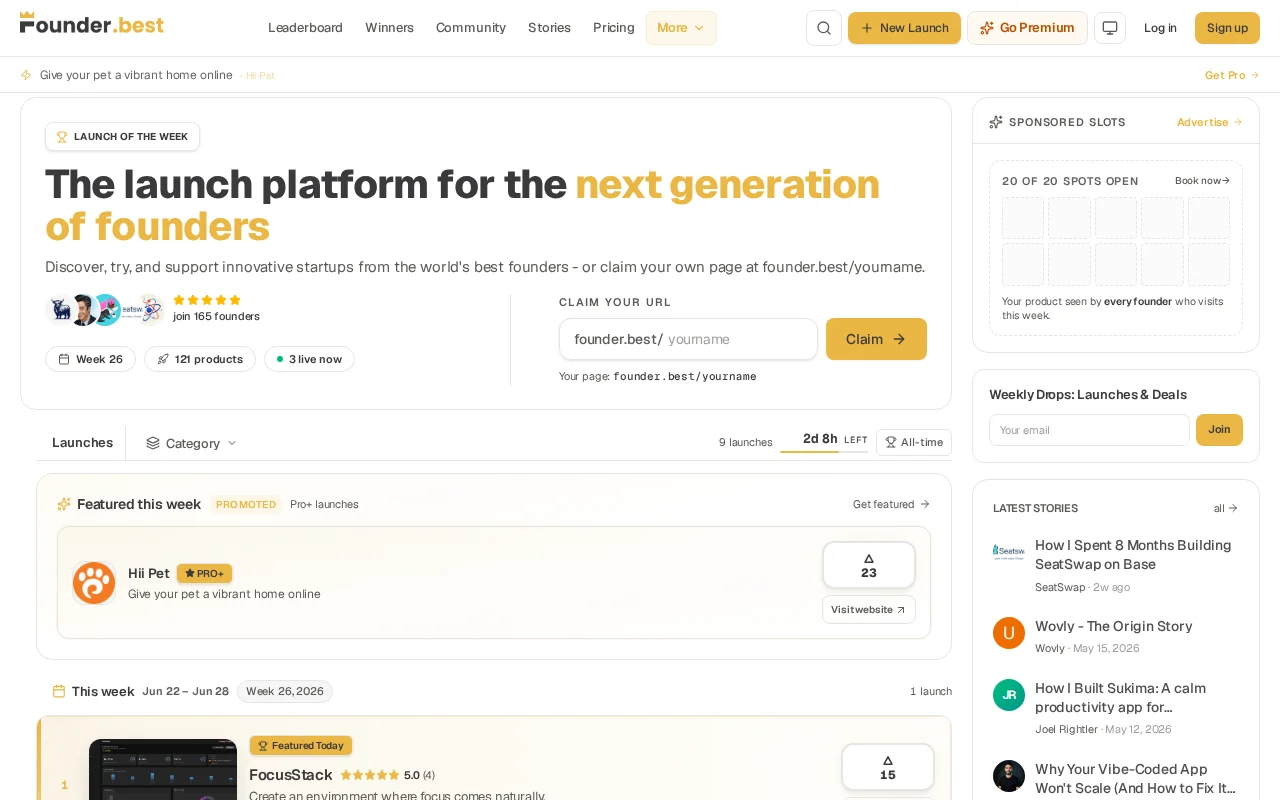 Most startup launches die after 1 day. I built Founder.best to fix that