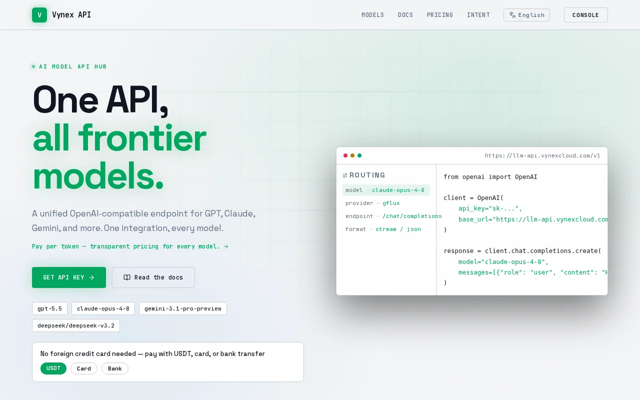 Vynex API – One endpoint for 34 LLM models, paid with USDT